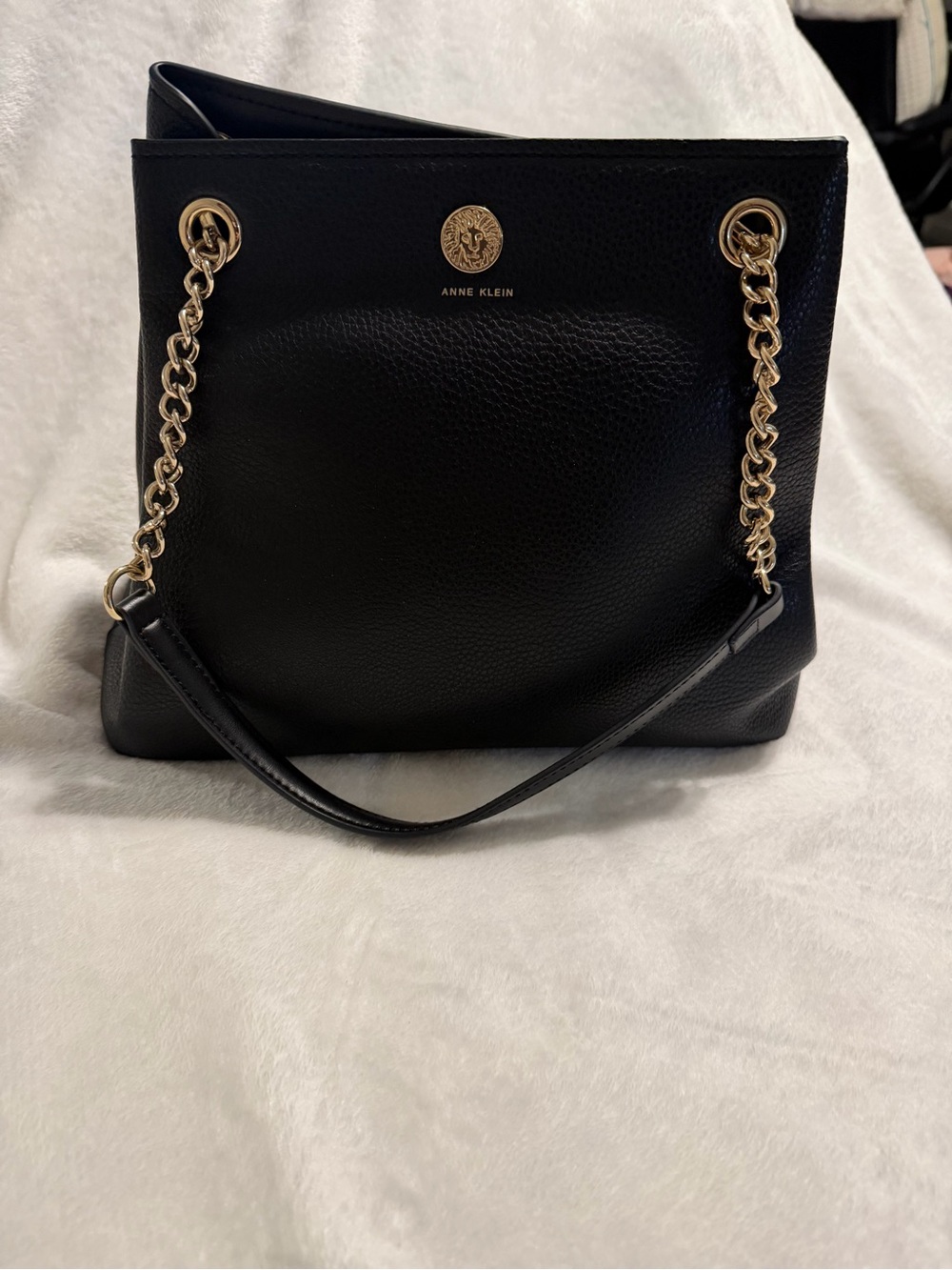 Anne Klein Black Pebbled Leather Shoulder Tote with Gold Chain Handles